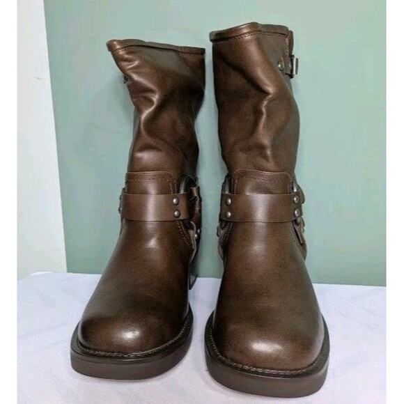 Women Mid Calf Boots PU Square Toe Motorcycle Adjustable Buckles Riding 8.5 & 9 - Picture 2 of 14